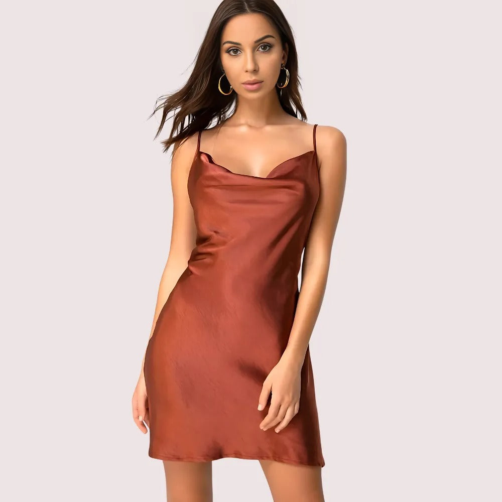 Elegant Dark Rust Satin Slip Dress Snazzyway